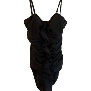 Valerie Bertinelli woman’s black ruched, ruffled one piece swimsuit, size 10